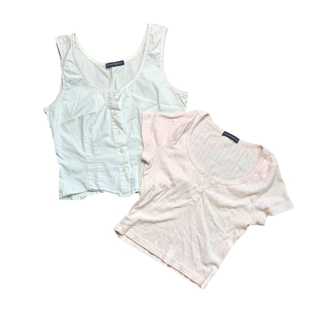 Brandy Melville Bundle White Button Front Tank and Pink Pointelle Henley Tee
